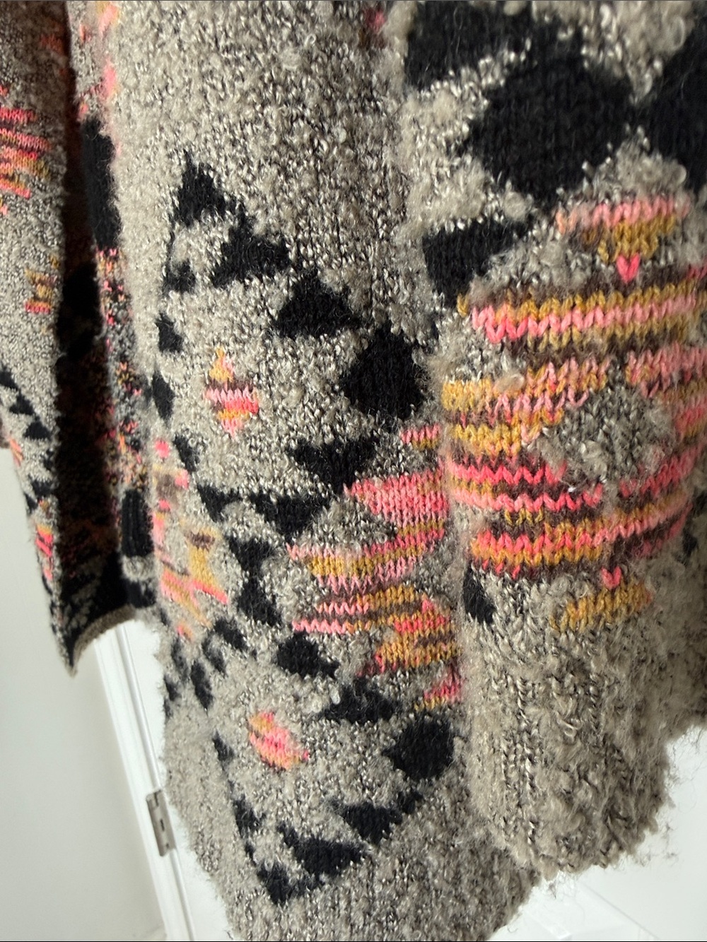 Cozy Aztec Open-Front Cardigan Sweater - Gray with Pink & Orange Accents - Picture 5 of 12